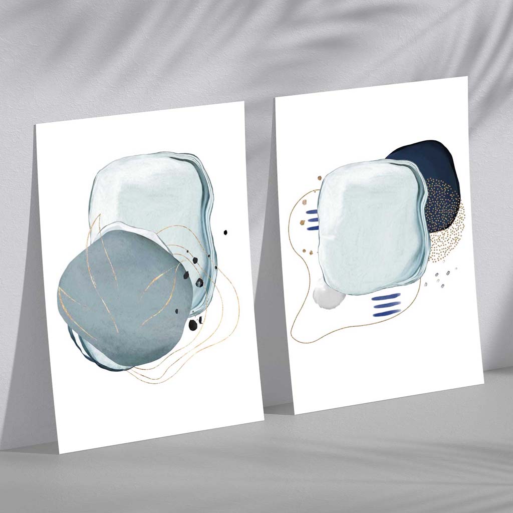 Navy, Aqua Abstract Shapes Framed Set of 2 Art Prints