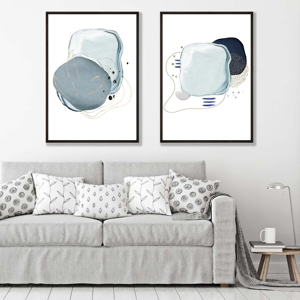 Navy Blue and Aqua Abstract Shapes Set of 2 Art Print | Artze Wall Art UK