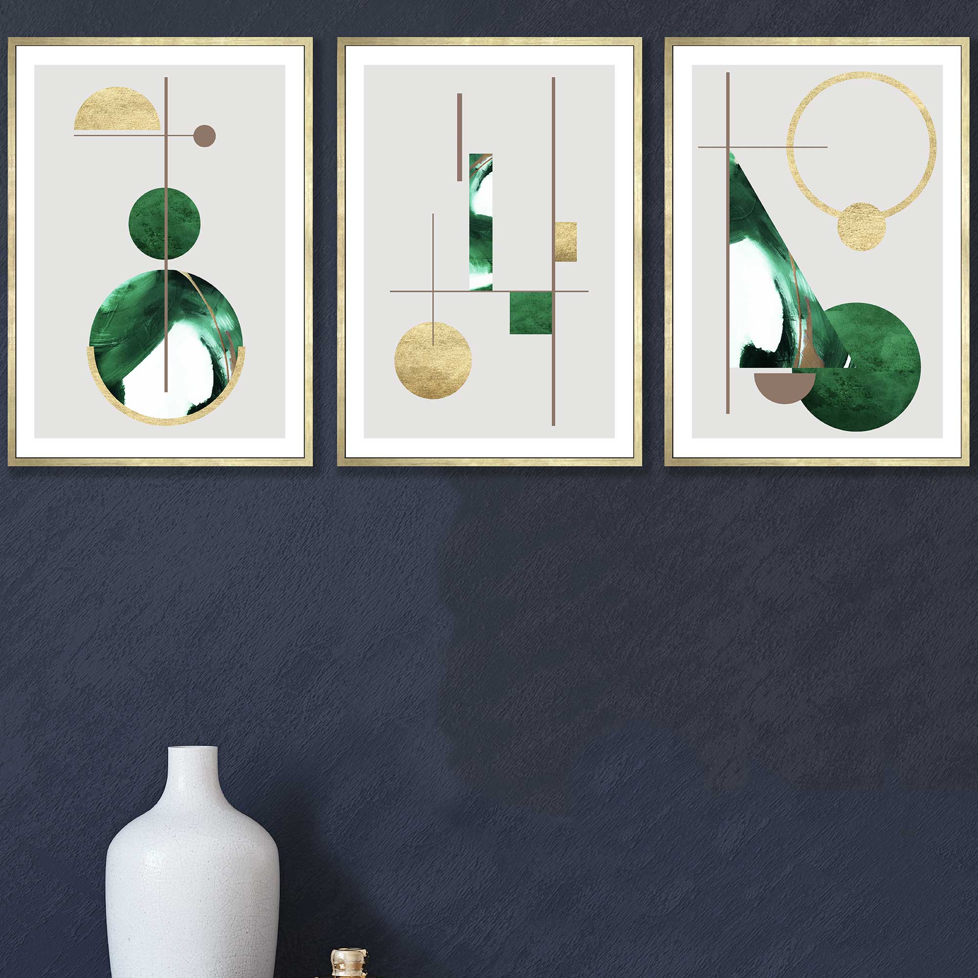 Art Deco Set of 3 Textured Geometric Wall Art Prints in Green and Gold
