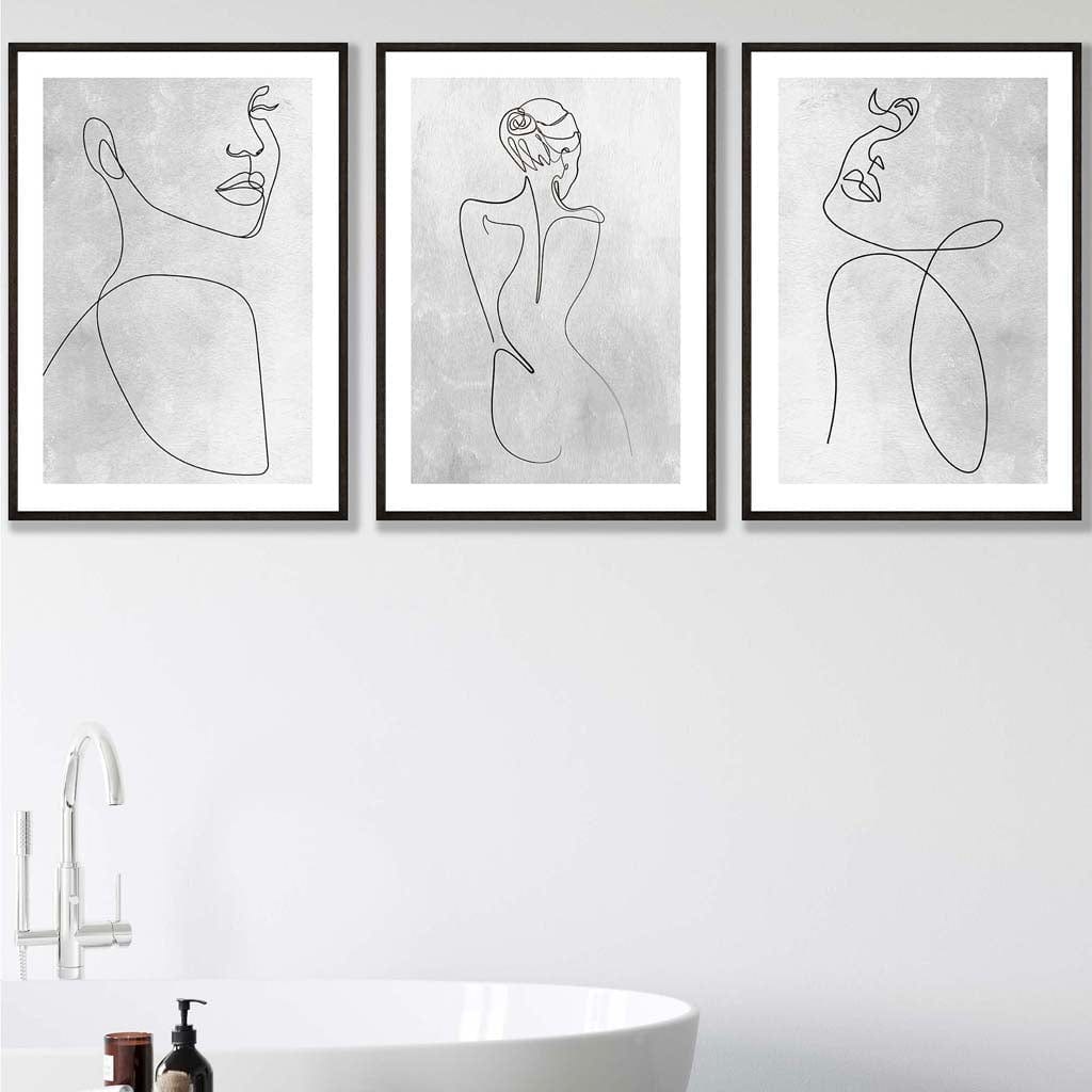 Set of 3 Grey Abstract Line Art Female Wall Art Prints
