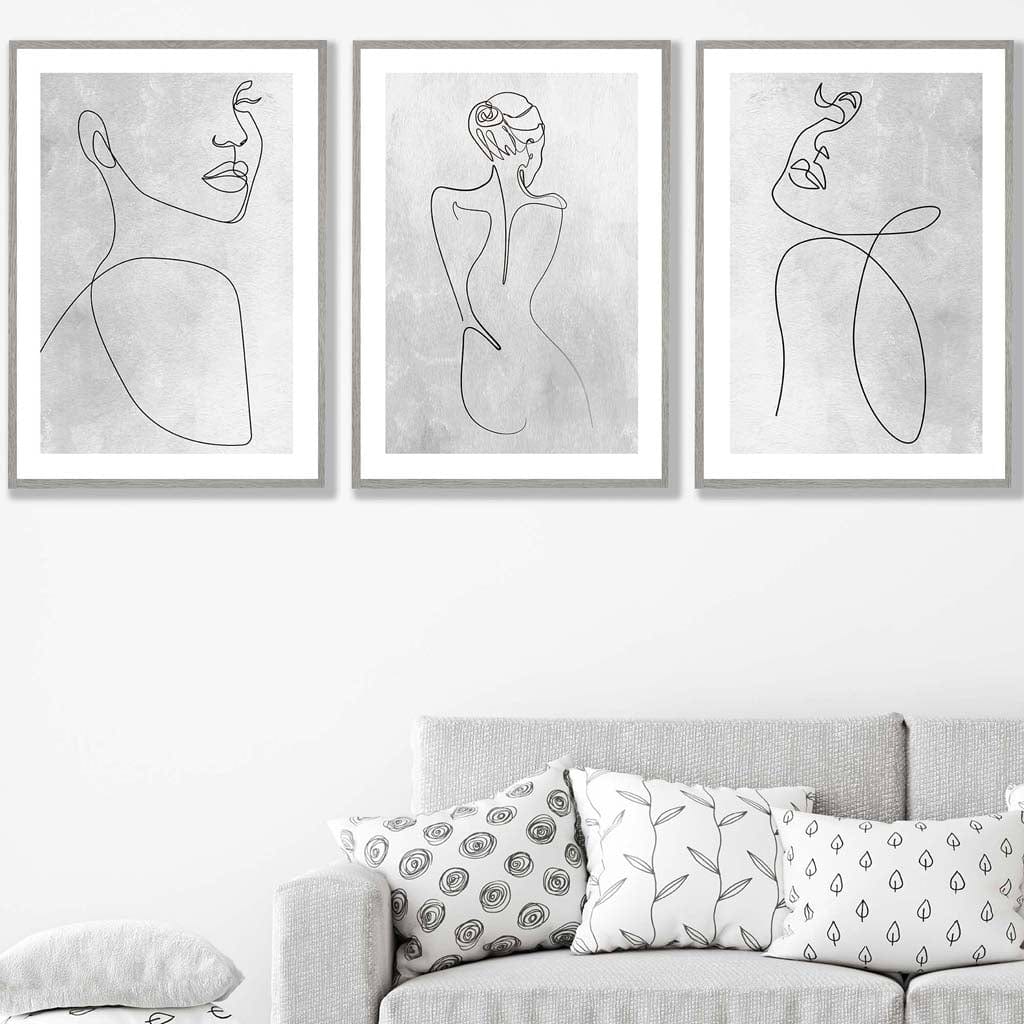 Set of 3 Grey Abstract Line Art Female Wall Art Prints