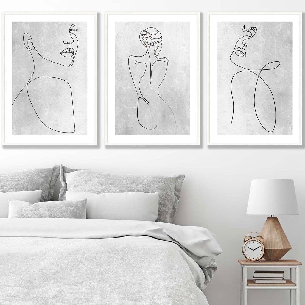 Set of 3 Grey Abstract Line Art Female Wall Art Prints