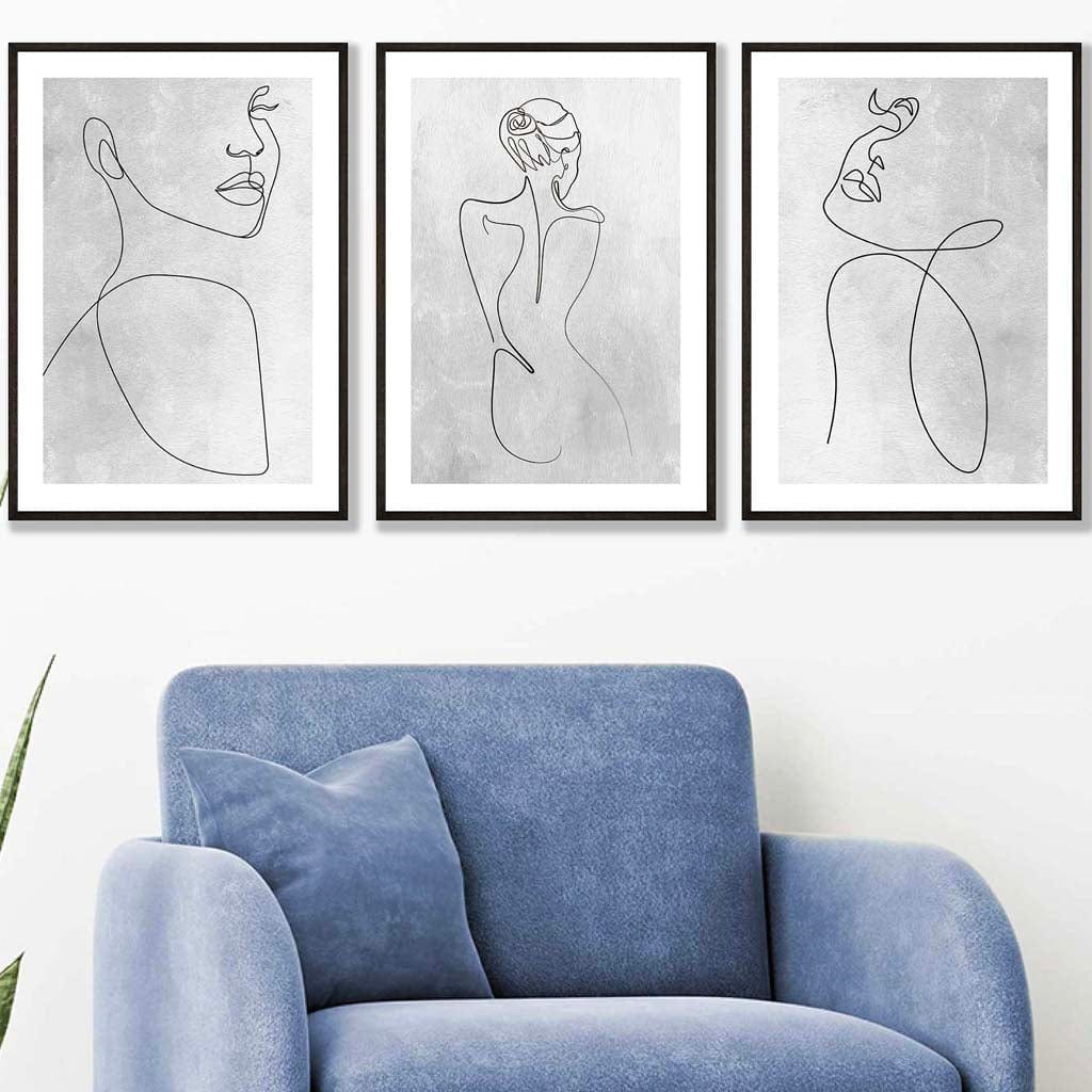 Set of 3 Grey Abstract Line Art Female Wall Art Prints