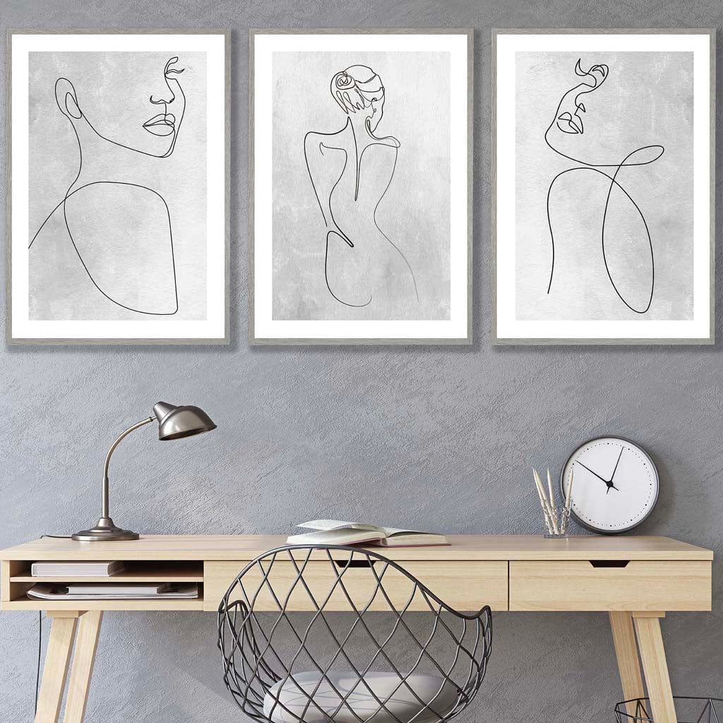 Set of 3 Grey Abstract Line Art Female Wall Art Prints