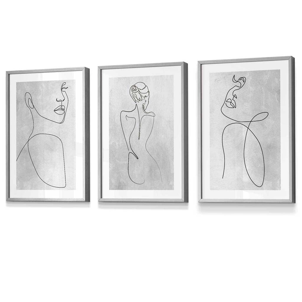 Abstract Line Art Female Grey Wall Art Set of 3 Framed Prints | Artze Wall Art UK