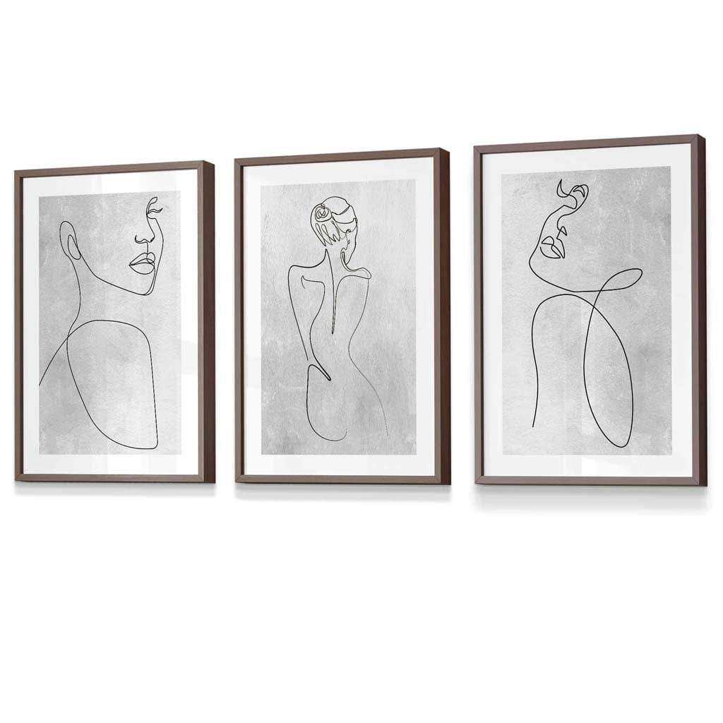 Abstract Line Art Female Grey Wall Art Set of 3 Framed Prints | Artze Wall Art UK