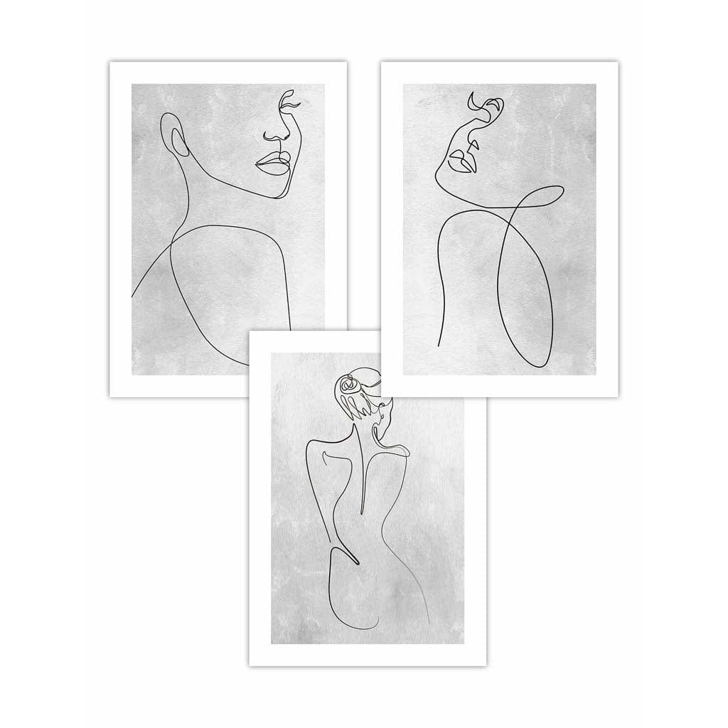 Set of 3 Grey Abstract Line Art Female Wall Art Prints