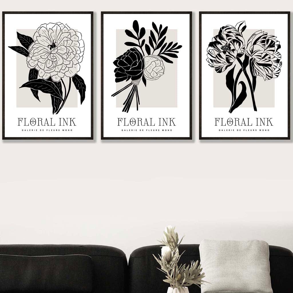 Set of 3 Floral Sketch Ink Garden Flowers in Black Wall Art Prints