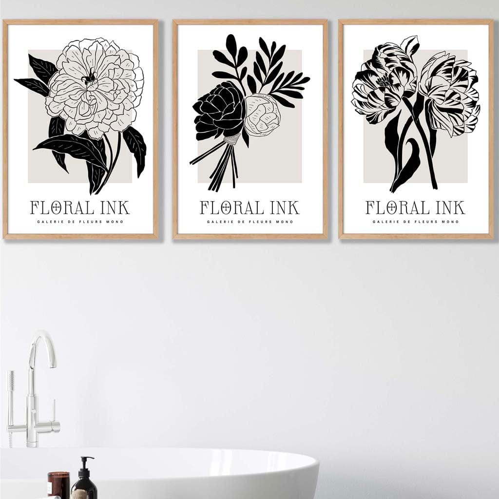 Set of 3 Floral Sketch Ink Garden Flowers in Black Wall Art Prints