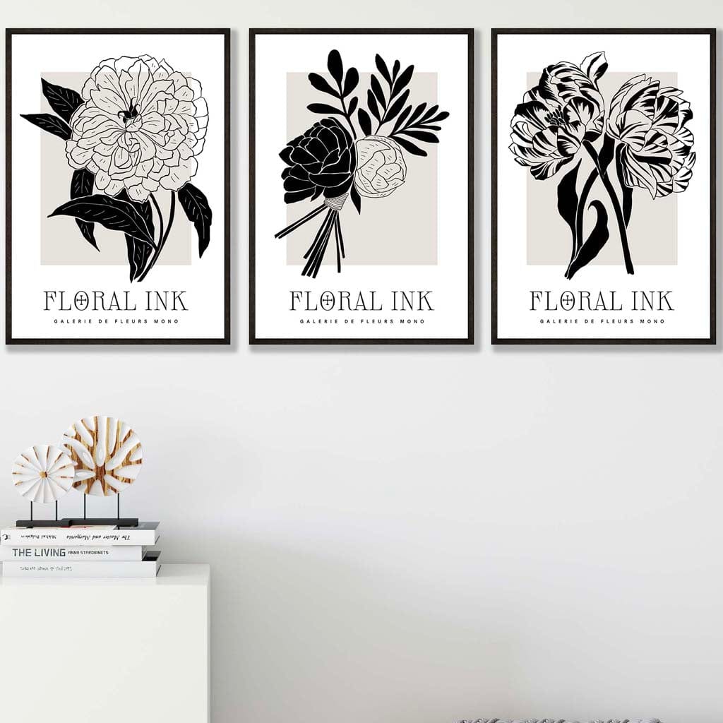 Set of 3 Floral Sketch Ink Garden Flowers in Black Wall Art Prints