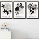 Set of 3 Floral Sketch Ink Garden Flowers in Black Wall Art Prints