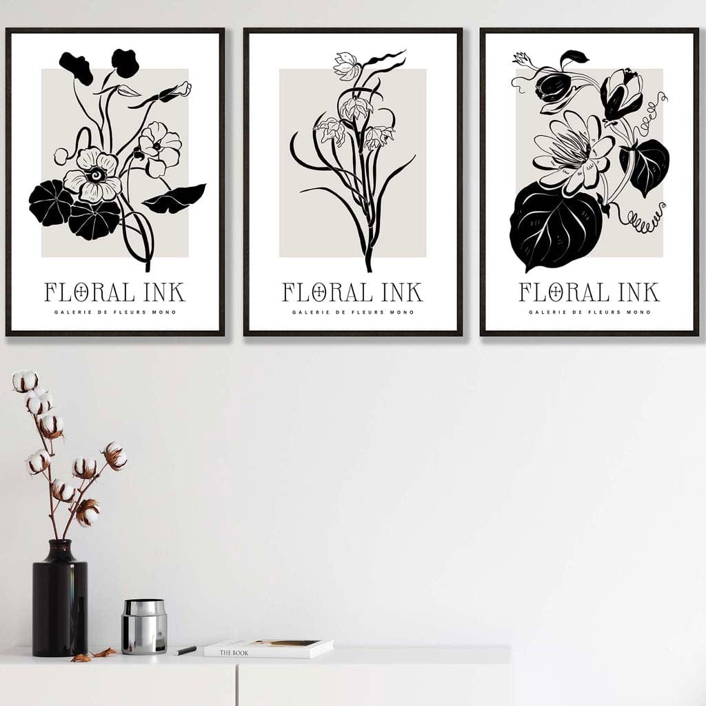 Set of 3 Floral Sketch Ink Climbing Flowers in Black Wall Art Prints