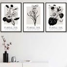 Set of 3 Floral Sketch Ink Climbing Flowers in Black Wall Art Prints