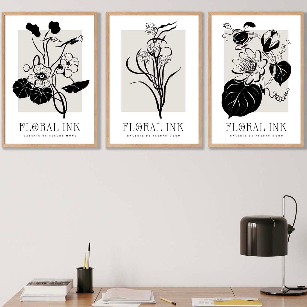 Set of 3 Floral Sketch Ink Climbing Flowers in Black Wall Art Prints