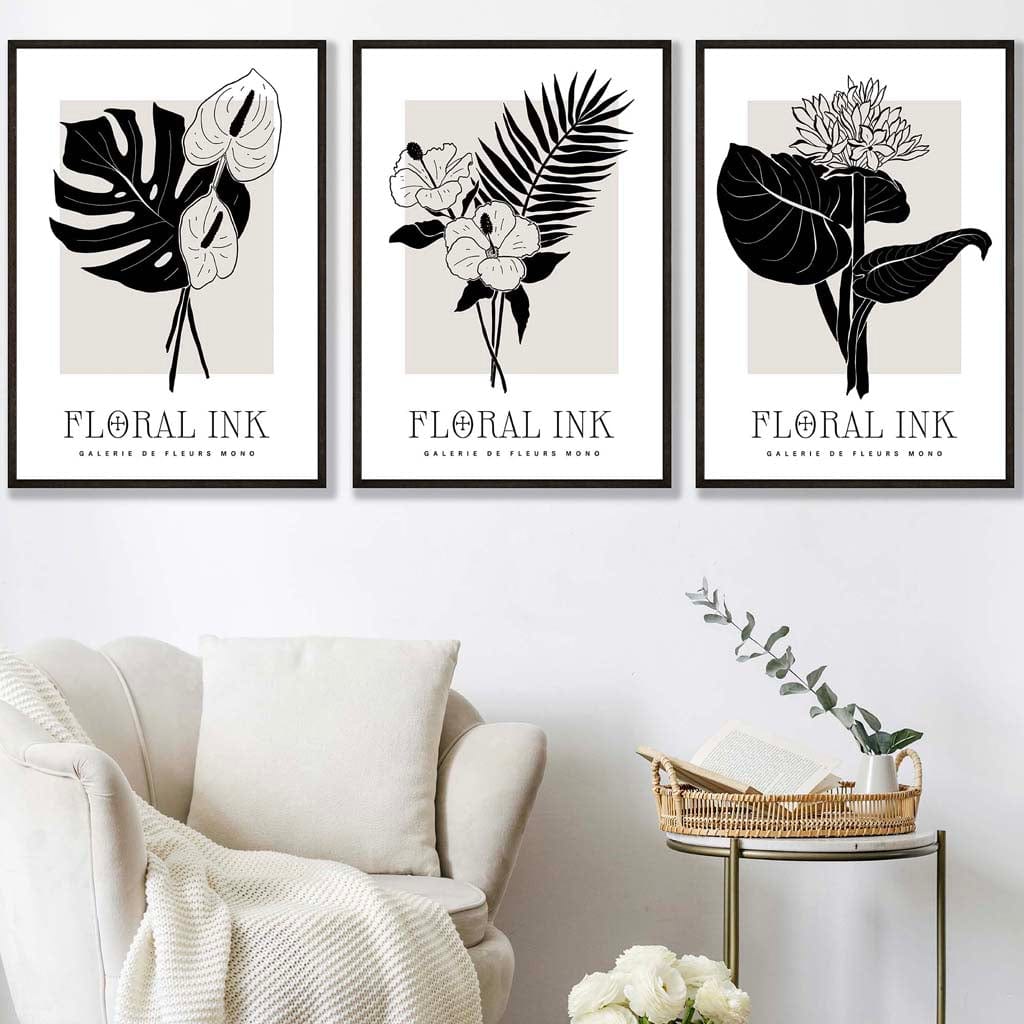 Set of 3 Floral Sketch Ink Botanical Leaves in Black Wall Art Prints