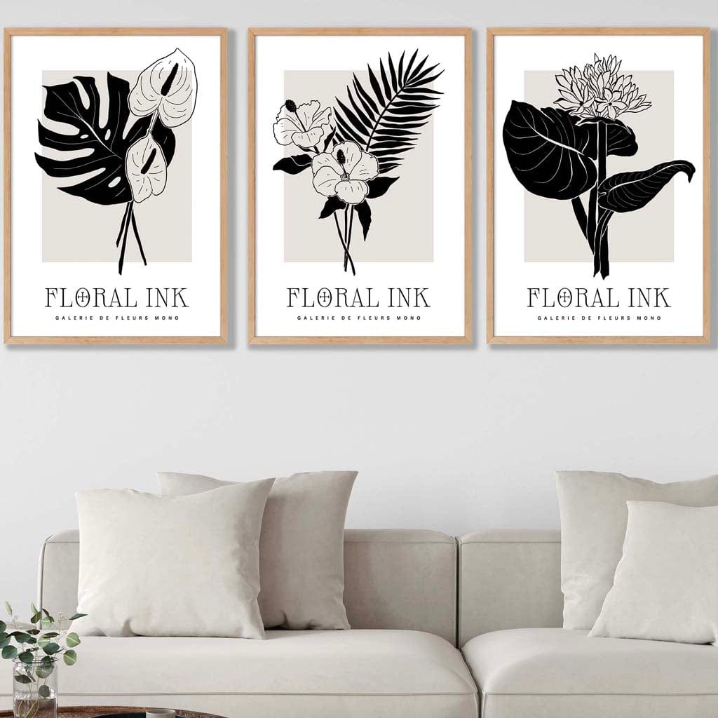 Set of 3 Floral Sketch Ink Botanical Leaves in Black Wall Art Prints
