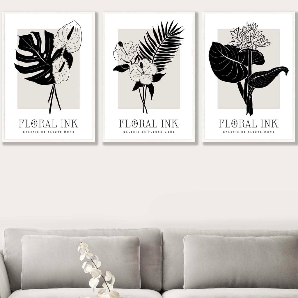 Set of 3 Floral Sketch Ink Botanical Leaves in Black Wall Art Prints