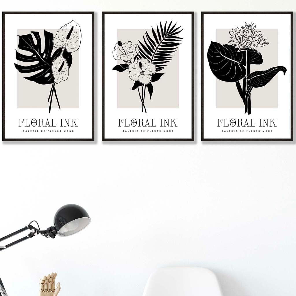 Set of 3 Floral Sketch Ink Botanical Leaves in Black Wall Art Prints