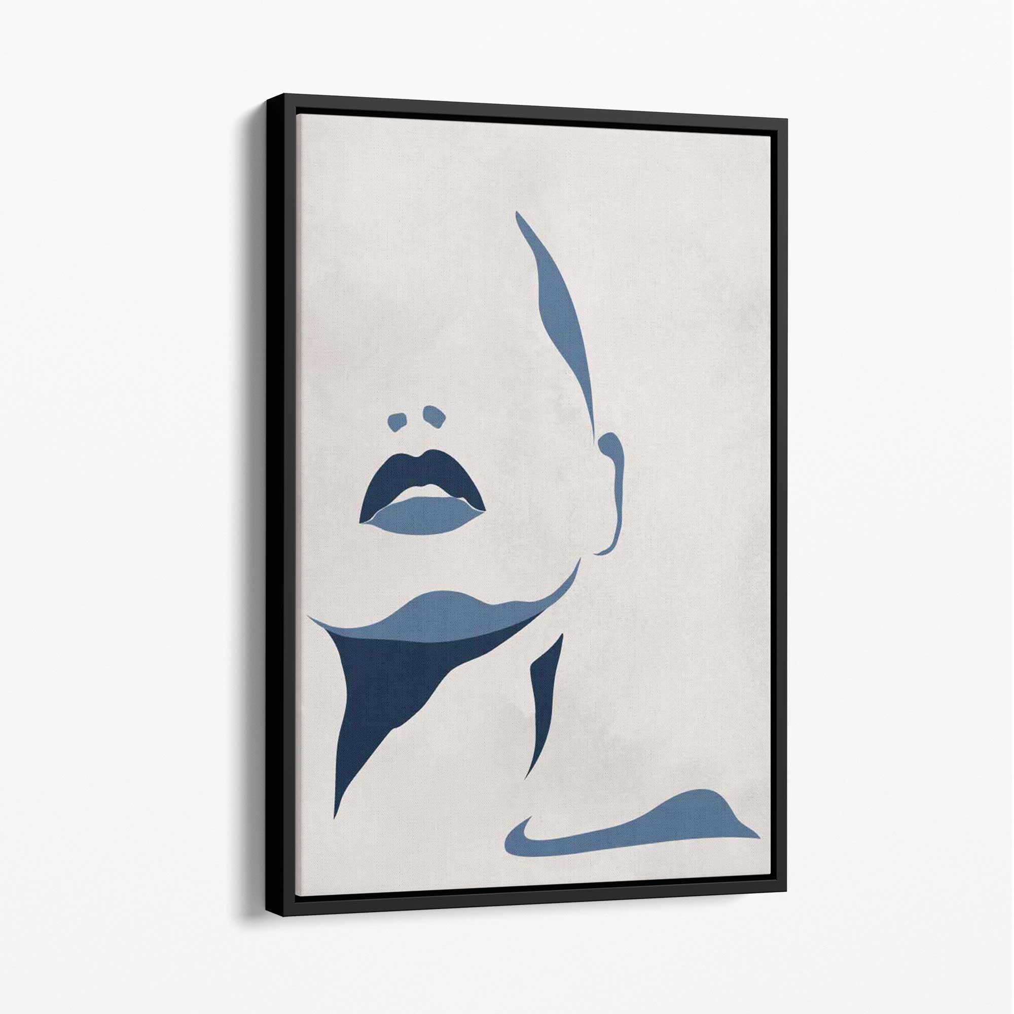 Blue and Beige Silhouette Face Canvas Art Print with Black Float Frame