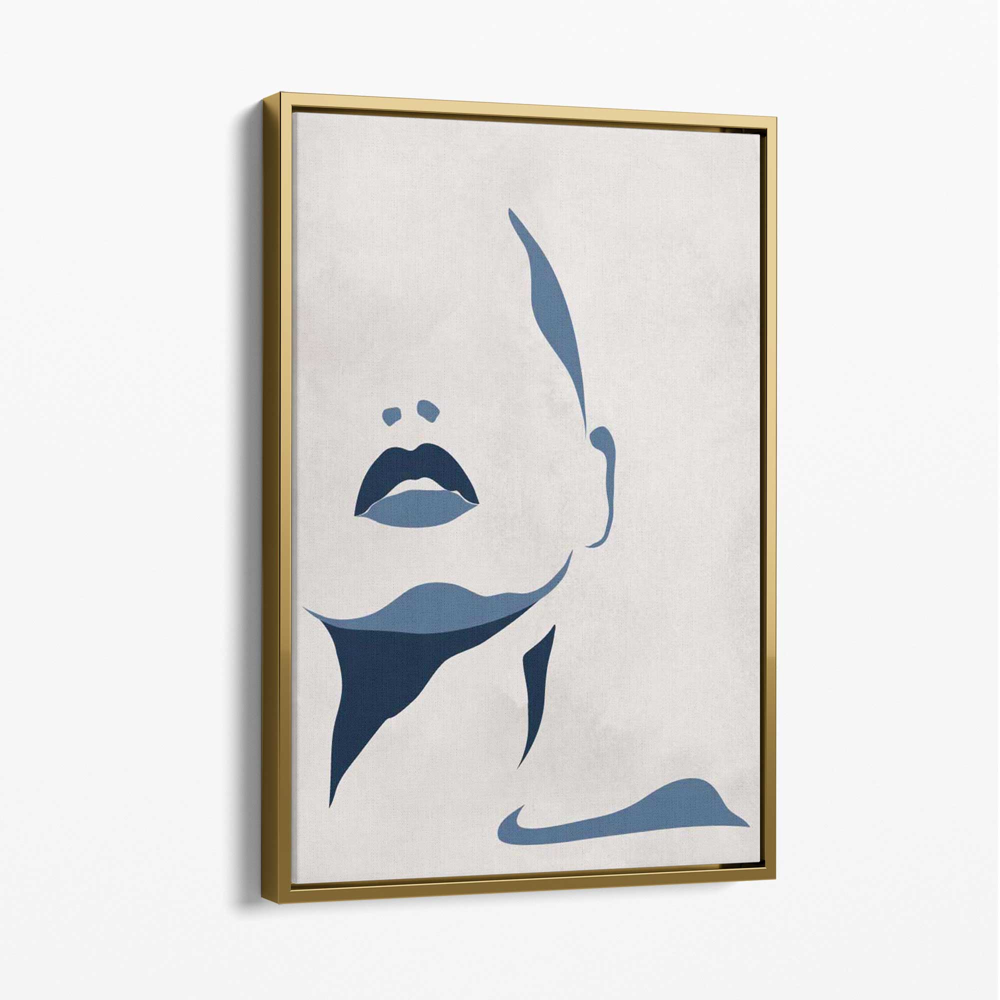 Blue and Beige Silhouette Face Canvas Art Print with Gold Float Frame
