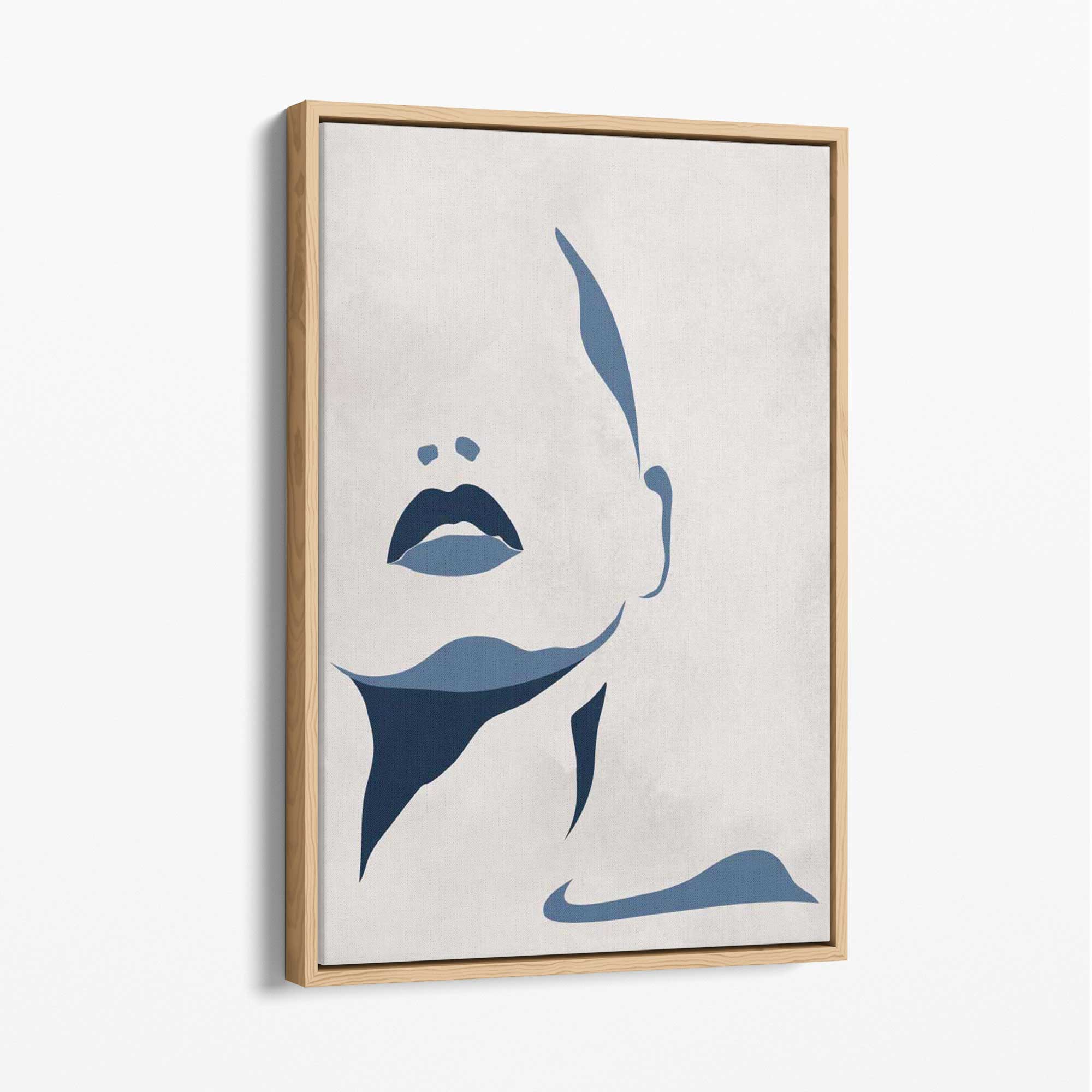 Blue and Beige Silhouette Face Canvas Art Print with Oak Float Frame