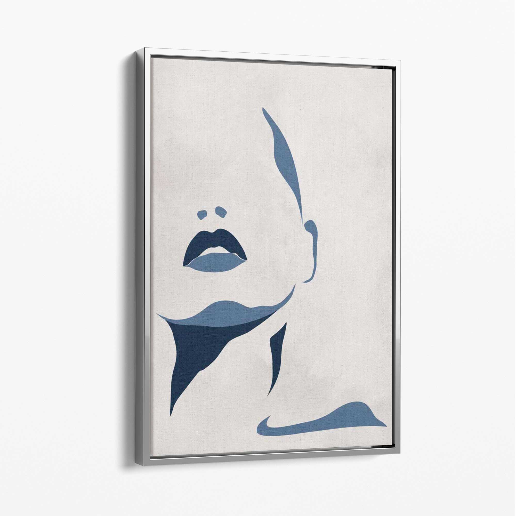 Blue and Beige Silhouette Face Canvas Art Print with Silver Float Frame