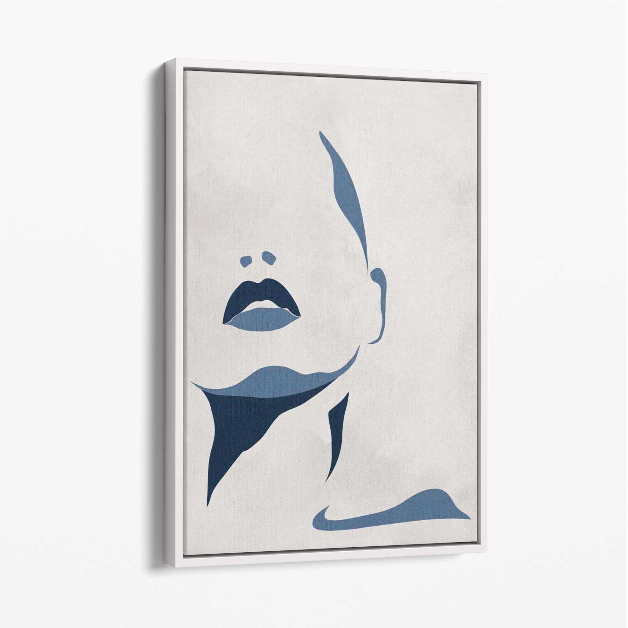 Blue and Beige Silhouette Face Canvas Art Print with White Float Frame