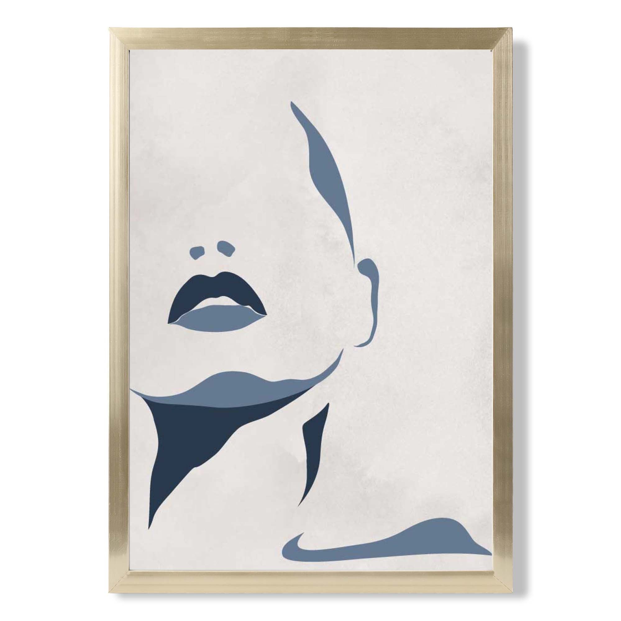 Blue and Beige Silhouette Face print in Gold Wooden Frame