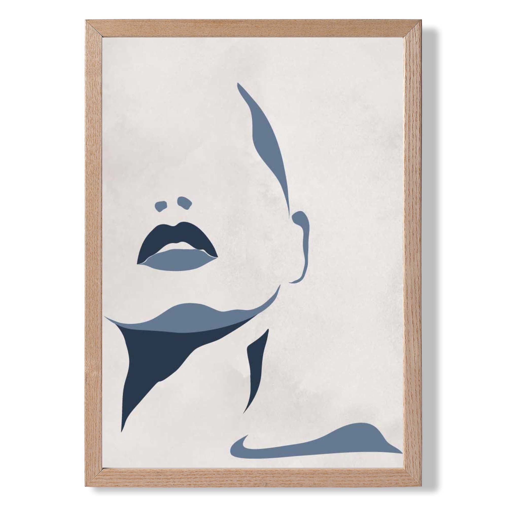 Blue and Beige Silhouette Face print in Light Oak Wooden Frame