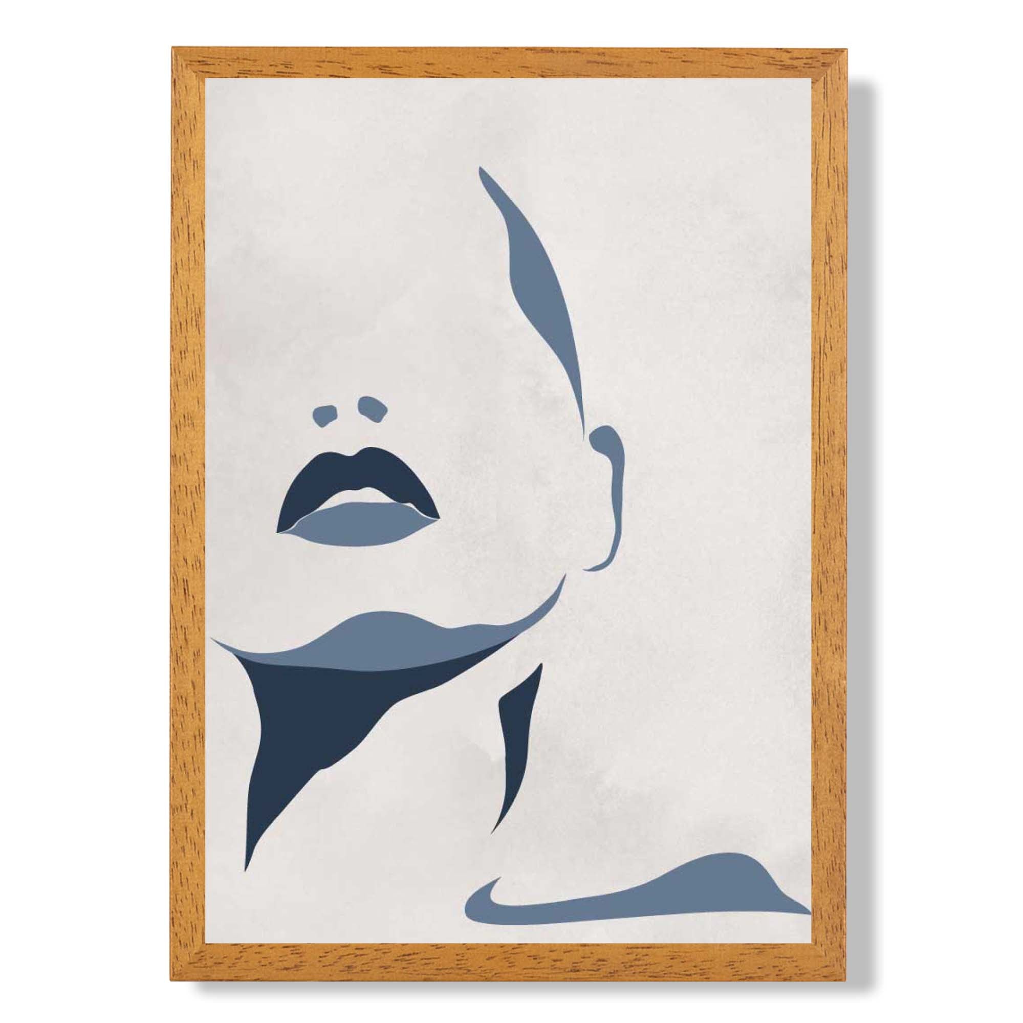 Blue and Beige Silhouette Face print in Oak Wooden Frame
