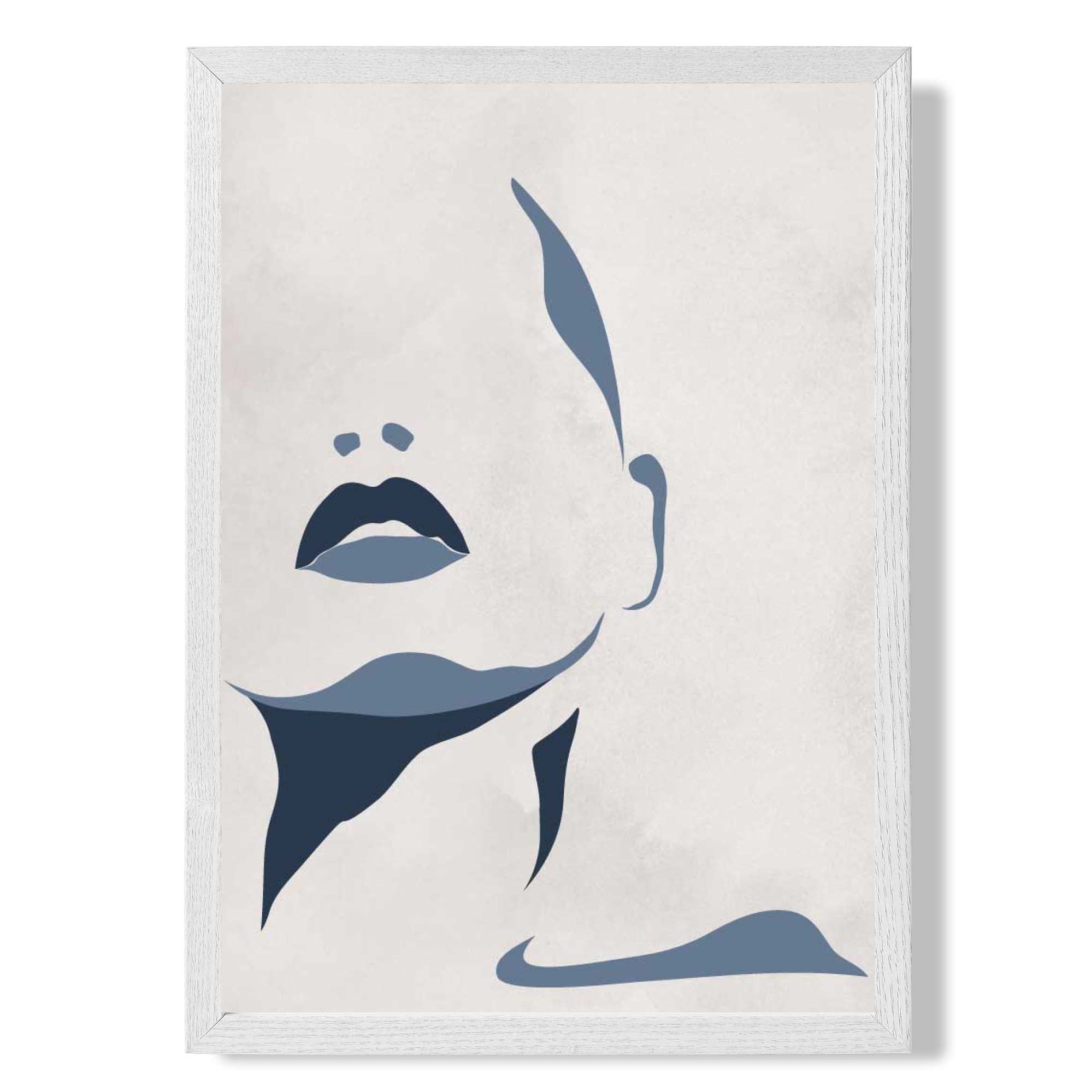 Blue and Beige Silhouette Face print in White Wooden Frame