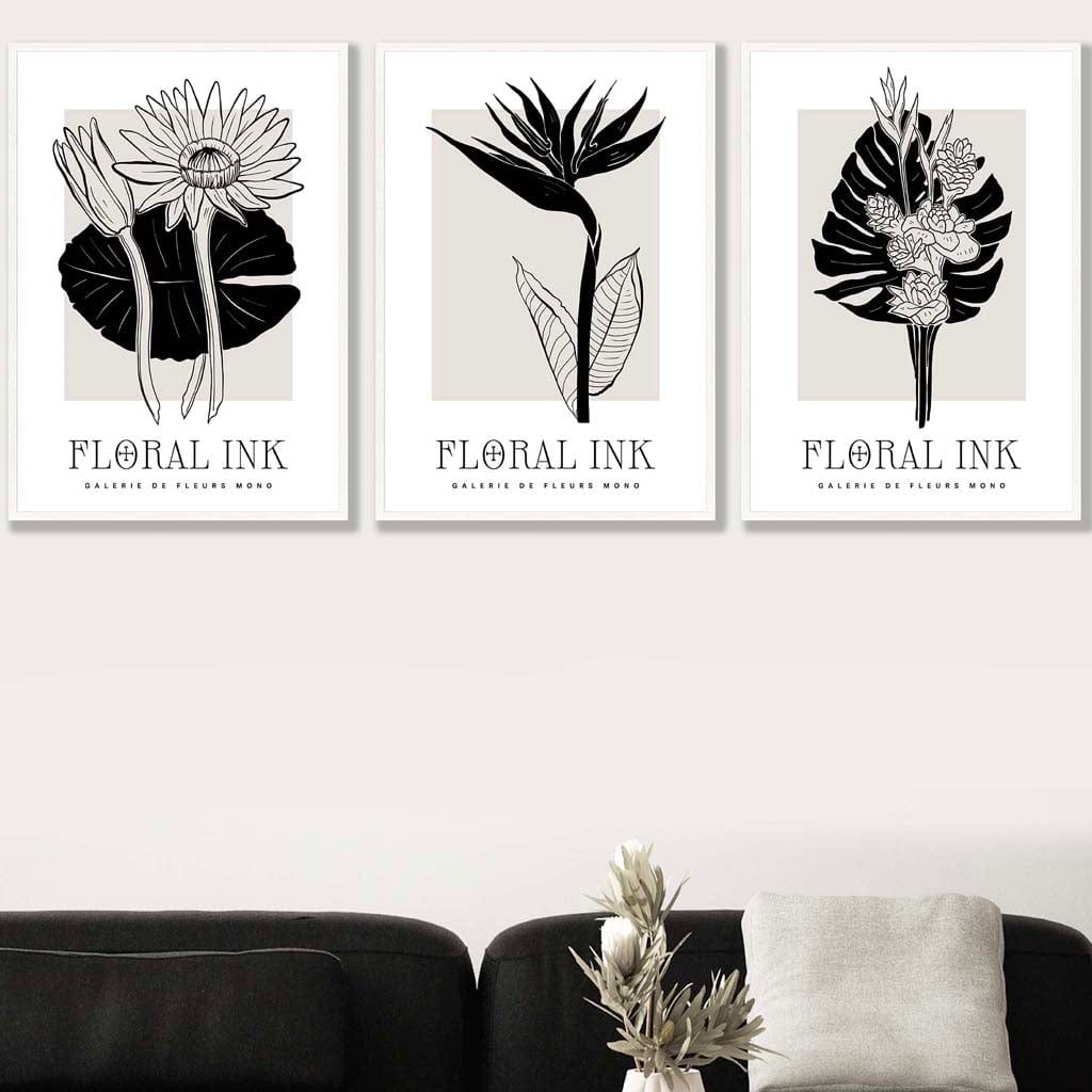 Set of 3 Floral Sketch Ink Tropical Leaves in Black Wall Art Prints