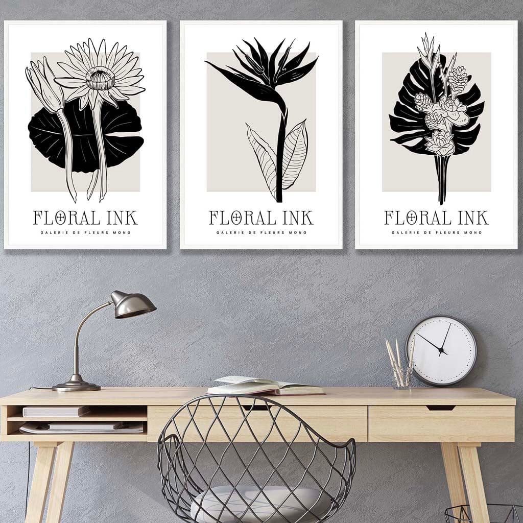 Set of 3 Floral Sketch Ink Tropical Leaves in Black Wall Art Prints
