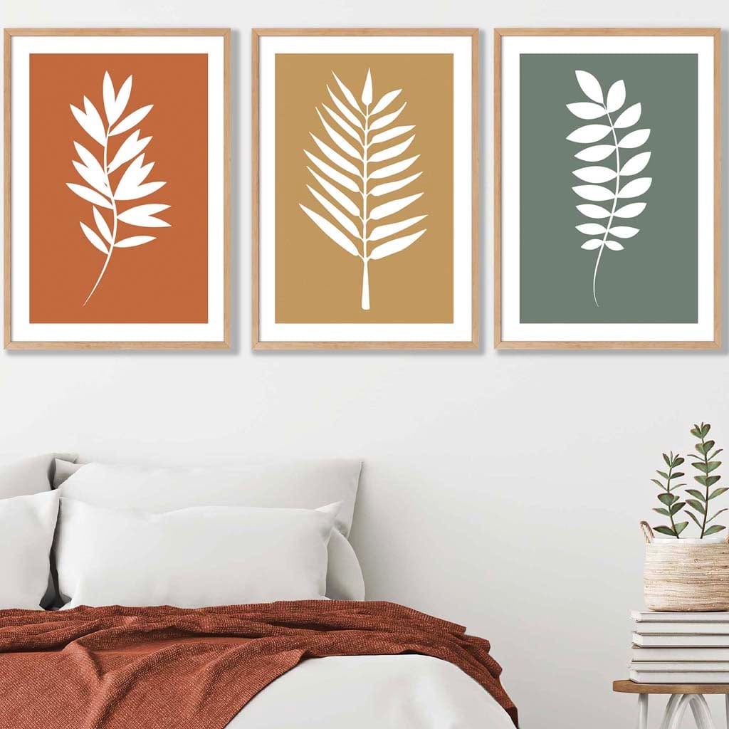 Set of 3 Orange Yellow Green Graphical Leaves Wall Art Prints