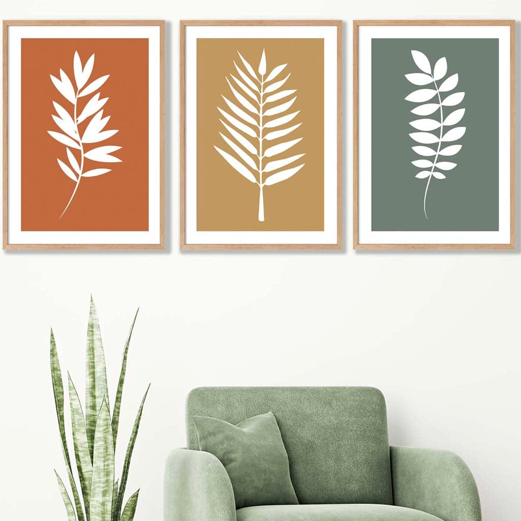 Set of 3 Orange Yellow Green Graphical Leaves Wall Art Prints