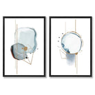 Aqua Blue Abstract Shapes Set of 2 Art Prints with Black Frame