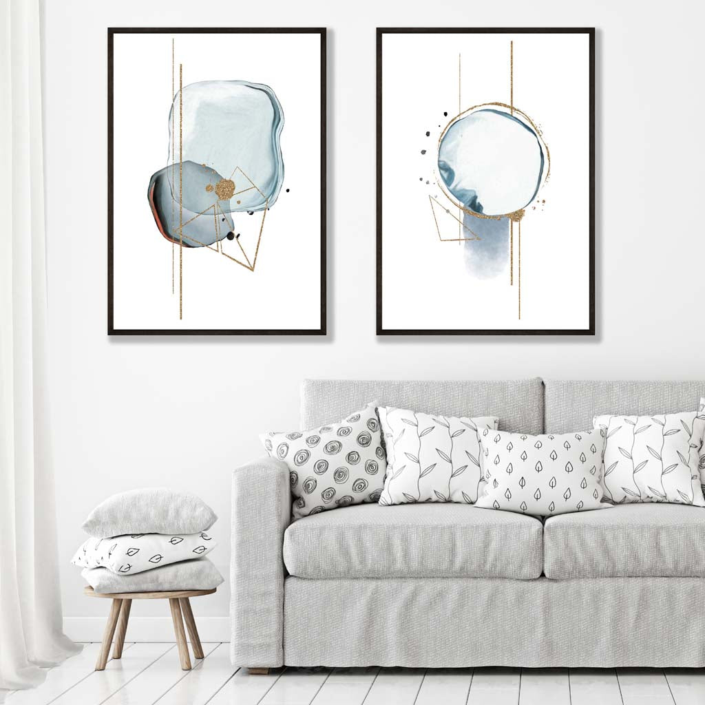 Aqua Blue Abstract Shapes Set of 2 Art Prints | Artze Wall Art UK
