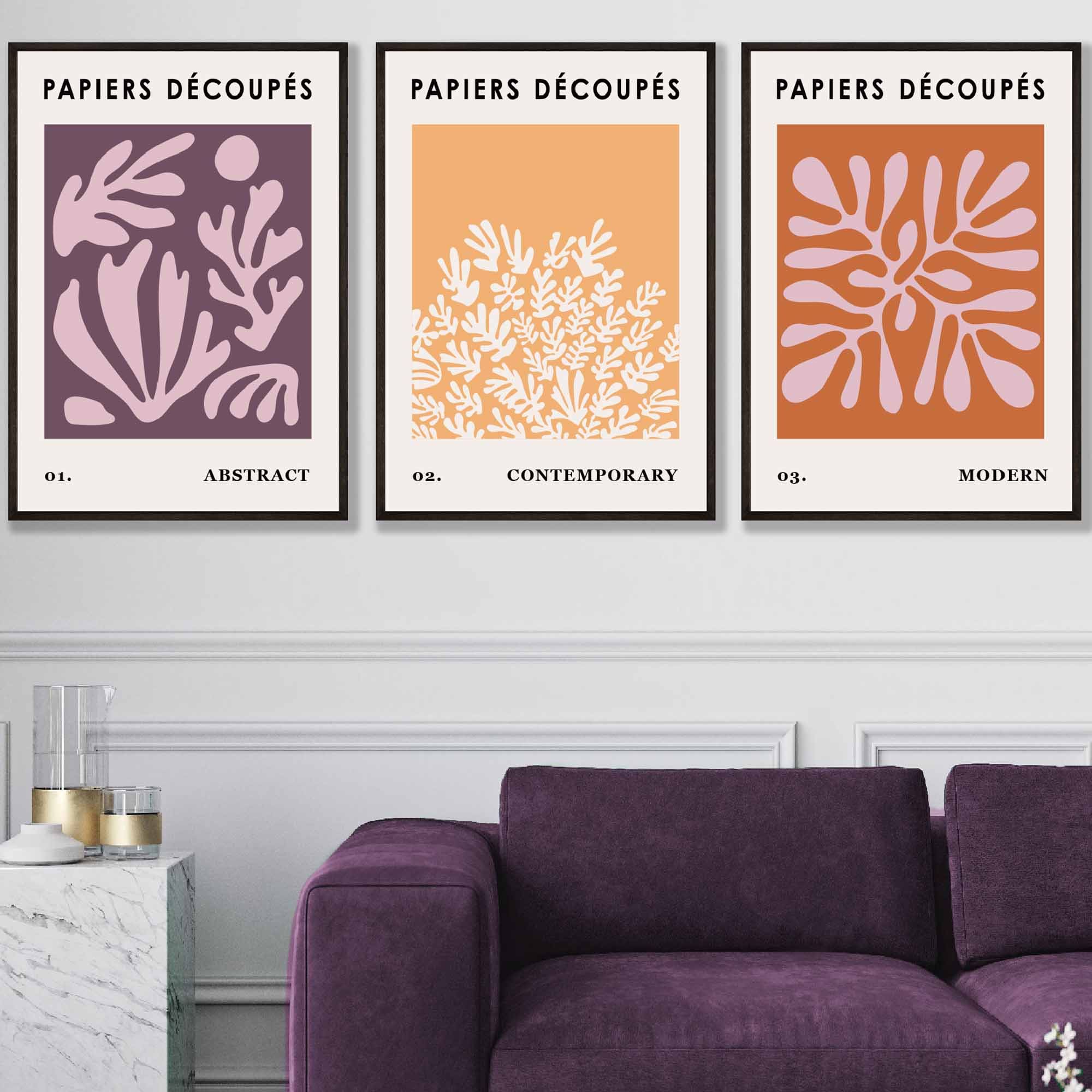Matisse Floral Set of 3 Wall Art Prints in Purple, Orange and Yellow