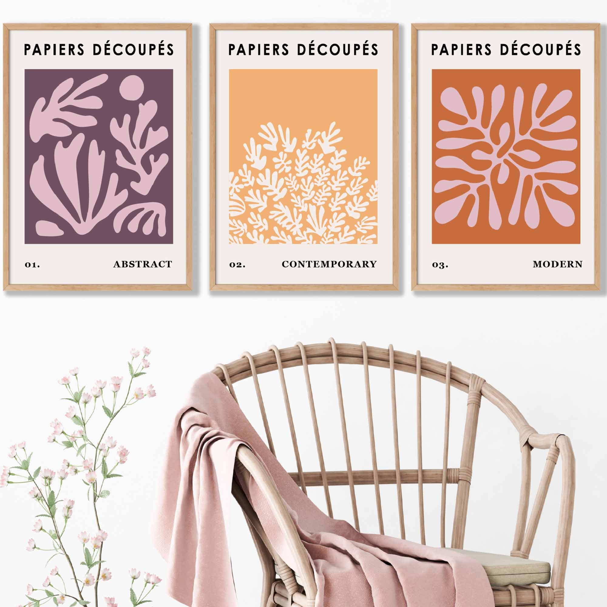 Matisse Floral Set of 3 Wall Art Prints in Purple, Orange and Yellow