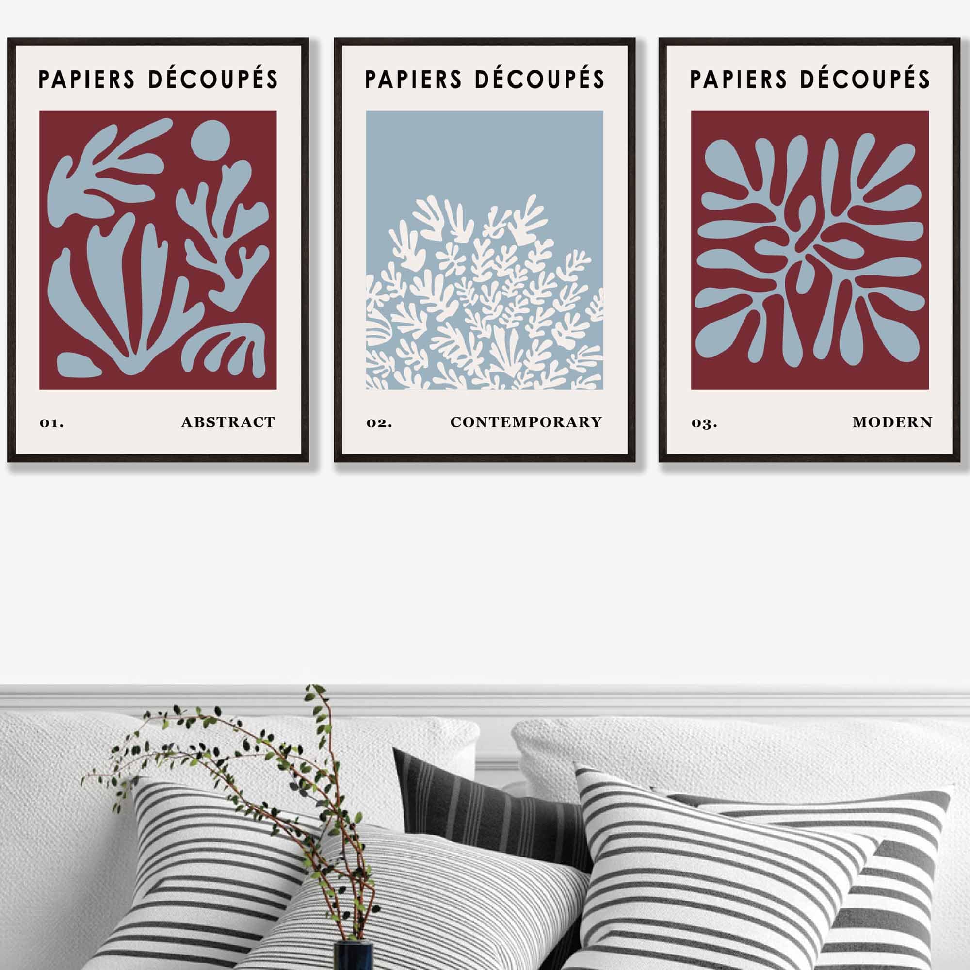 Vintage Matisse Floral Set of 3 Wall Art Prints in Purple and Blue