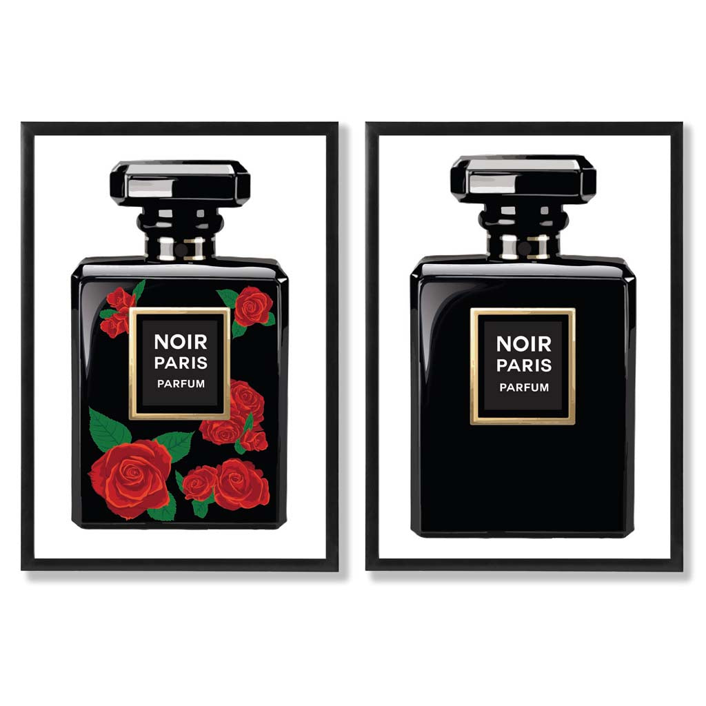 Fashion Perfume Bottles with Red Roses Set of 2 Art Prints with Black Frame