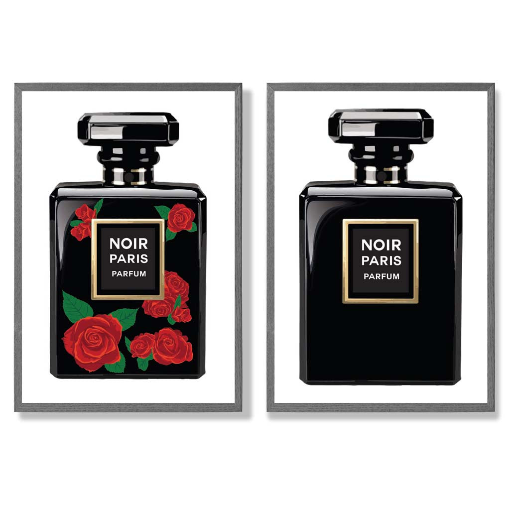 Fashion Perfume Bottles with Red Roses Set of 2 Art Prints with Dark Grey Frame
