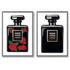 Fashion Perfume Bottles with Red Roses Set of 2 Art Prints with Dark Grey Frame