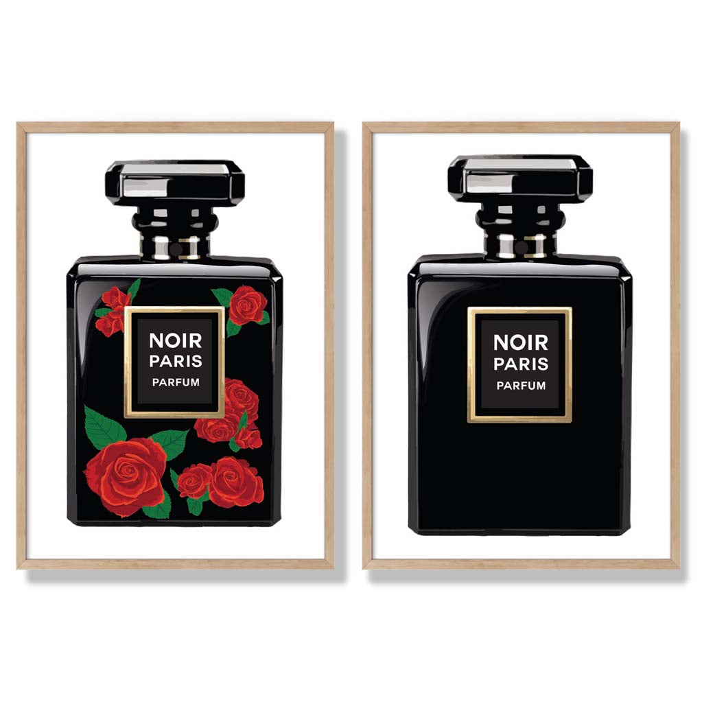 Fashion Perfume Bottles with Red Roses Set of 2 Art Prints with Oak Frame