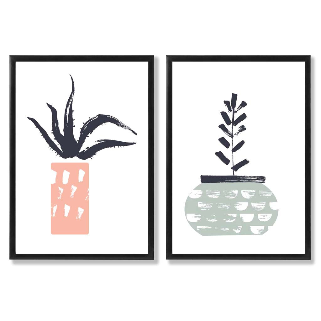 Sage Green, Pink Boho Botanical Sketch Set of 2 Art Prints with Black Frame