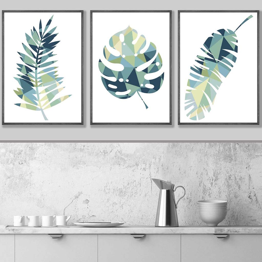 Set of 3 Tropical Teal Green LEAF Art Prints