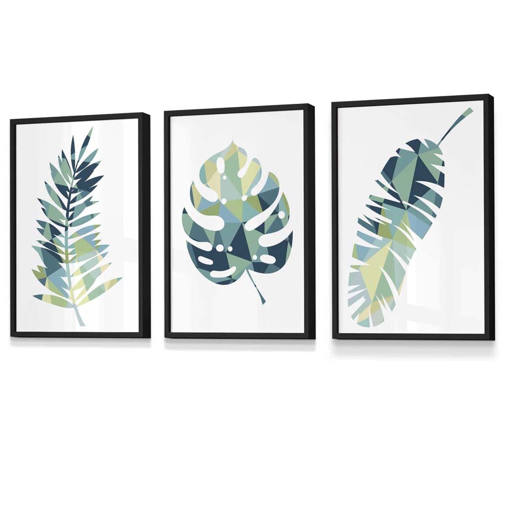 Framed Set of 3 Teal Blue Tropical Leaf Prints | Artze Wall Art UK