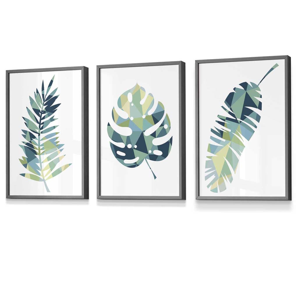 Framed Set of 3 Teal Blue Tropical Leaf Prints | Artze Wall Art UK