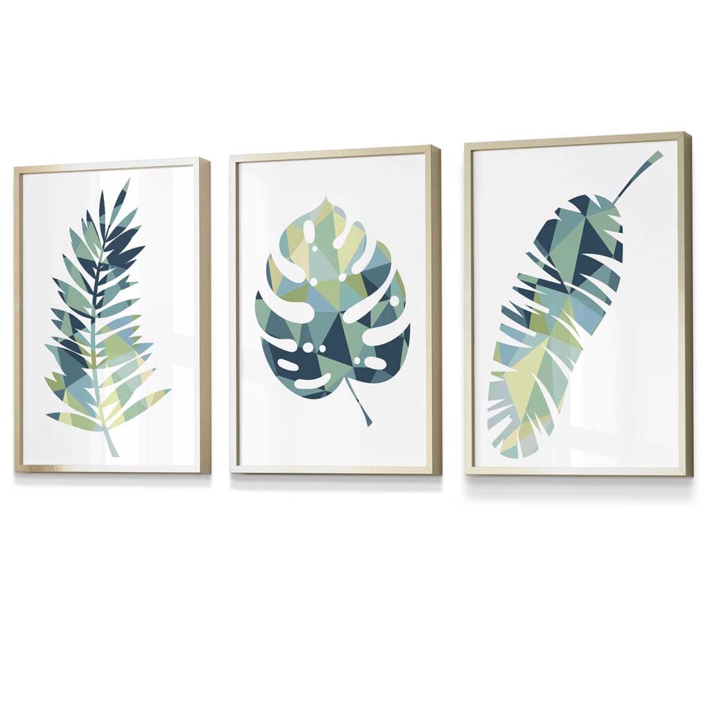 Framed Set of 3 Teal Blue Tropical Leaf Prints | Artze Wall Art UK