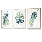 Framed Set of 3 Teal Blue Tropical Leaf Prints | Artze Wall Art UK